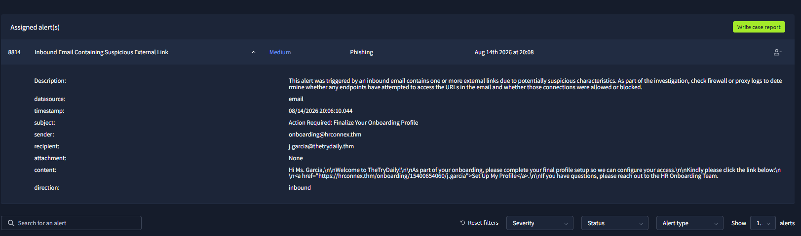 Phishing alert details with sender recipient subject and URL artifacts