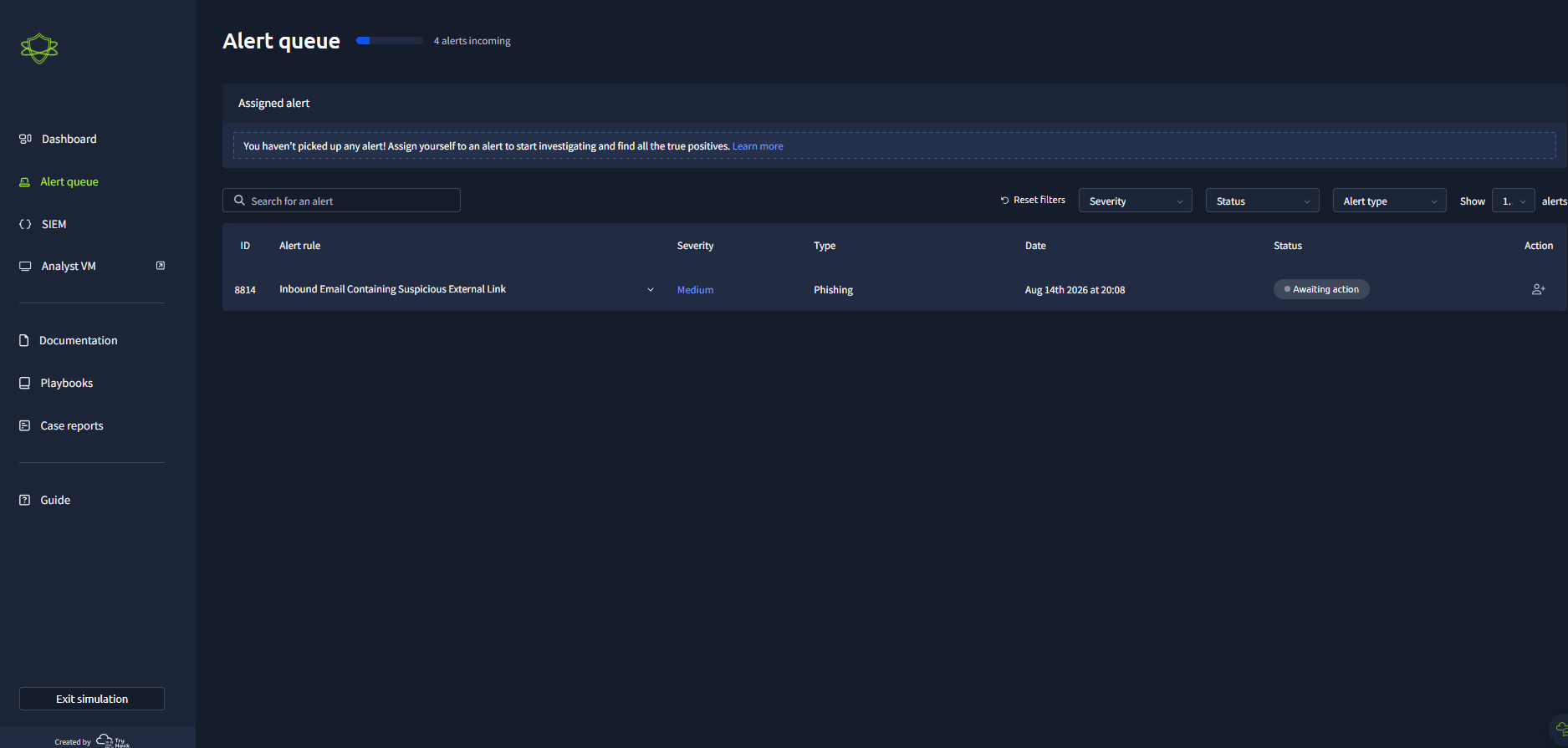 SOC simulator alert queue showing phishing alert ID 8814