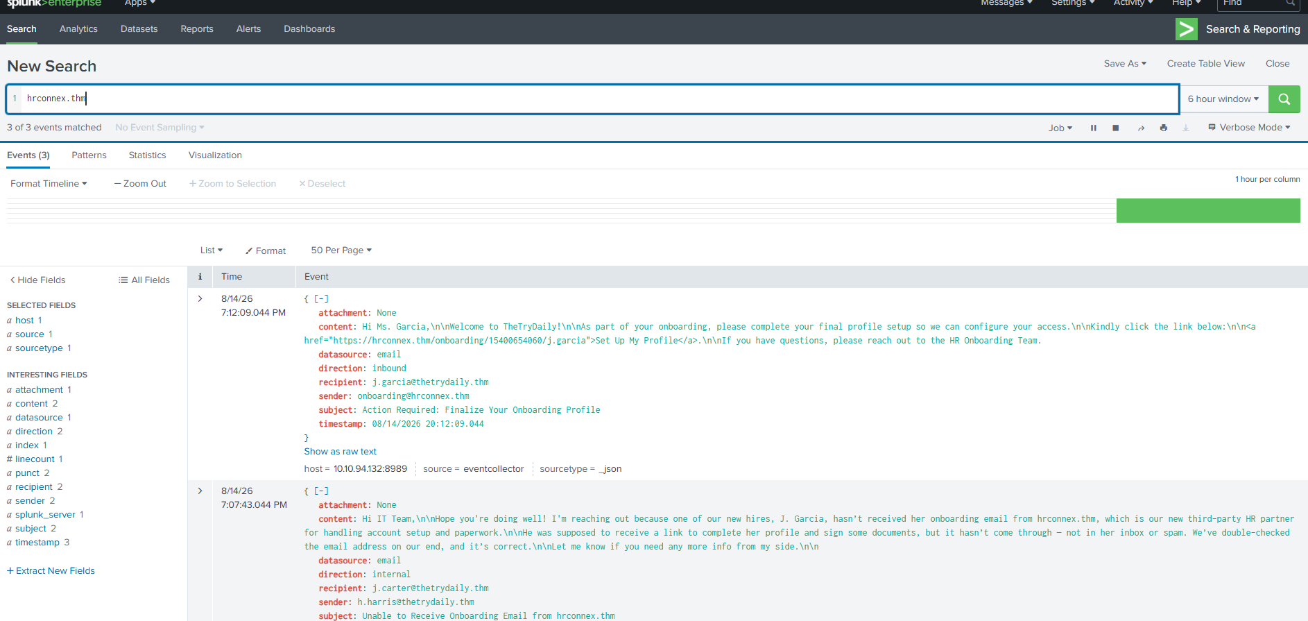 Splunk search results for hrconnex.thm showing related email telemetry
